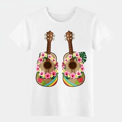 Hawaiian Luau Tropical Flower Double Ukulele Cotton Tee Beach Vacation T-Shirt