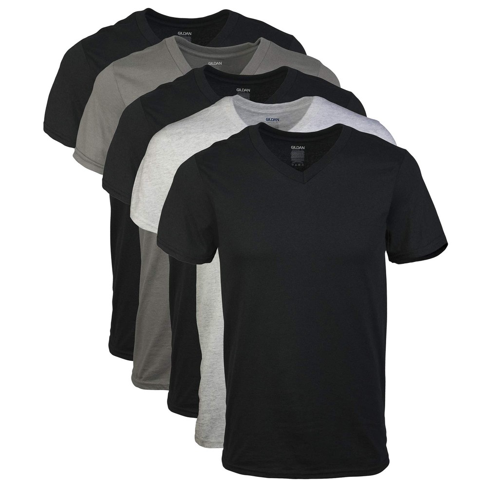 Gildan Men’s V-Neck T-Shirts, X-Large, Black/Sport Grey/Charcoal (5-pack)