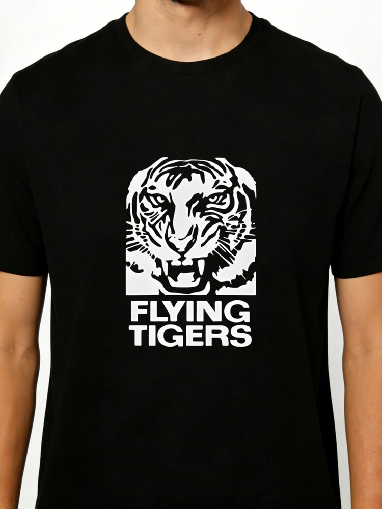 Men’s Cotton Graphic T Shirt with Bold White Flying Tigers Tiger Head Print