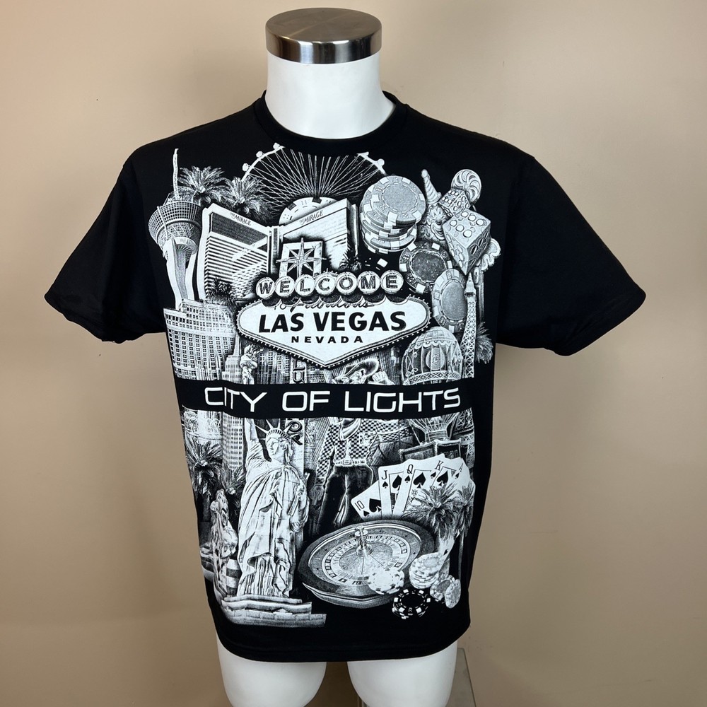 Las Vegas “City Of Lights” AOP T-Shirt Adult L Black & White All Over Print Y2K