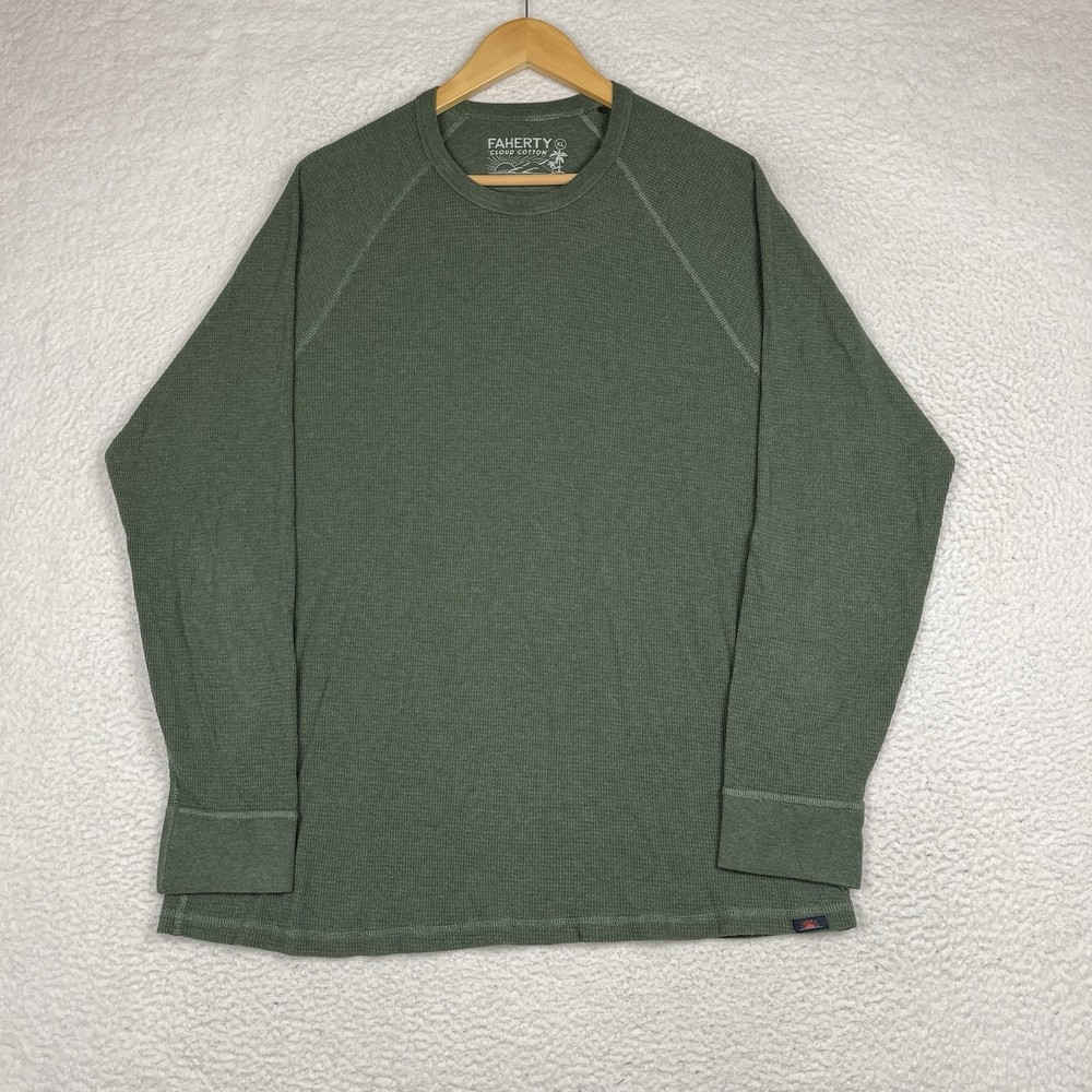 Faherty Shirt Large Cloud Waffle Crew Thermal Long Sleeve Green 100% Cotton