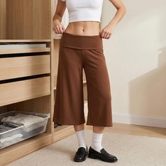 Fold Over Capri Pants for Women Low Rise Wide Leg Yoga Capris Summer Cute Goi…