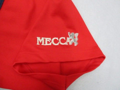 Vtg Mecca Mens T-Shirt Sz 2XL Y2K Blue Red V Neck Short Sleeve Jersey Spell Out