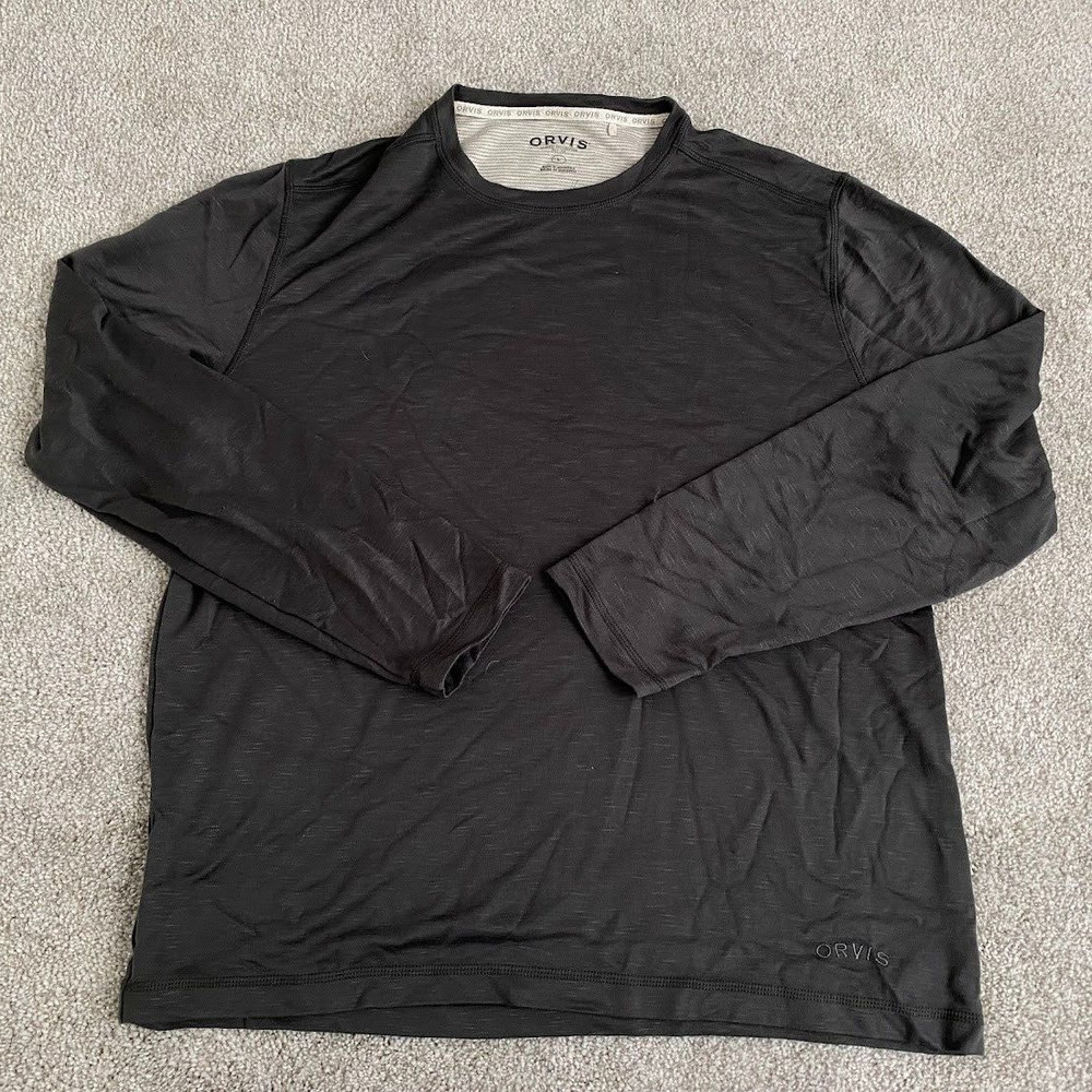 Orvis Shirt Mens Large L Black Gray Long Sleeve Rayon Blend Crew Neck Sweater