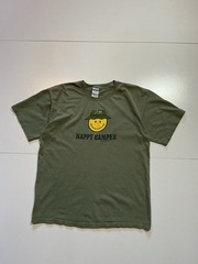 Vintage 2001 Y2K Happy Camper Smiley Face Jim Olive Green Graphic T-Shirt Sz. L