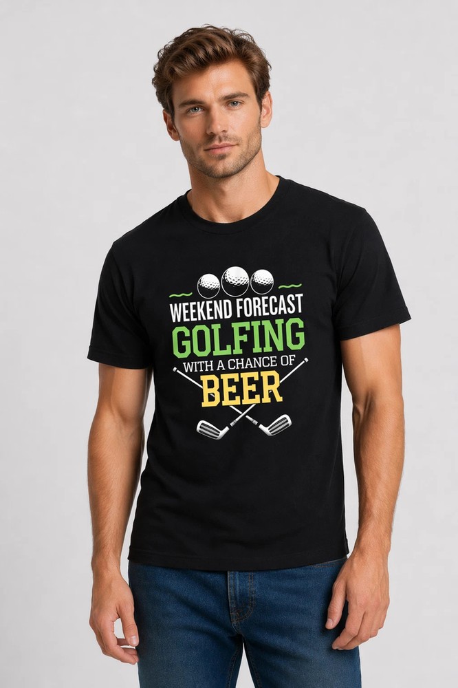 Funny Golf Beer T Shirt Weekend Forecast Golfer Humor Casual Gift Tee