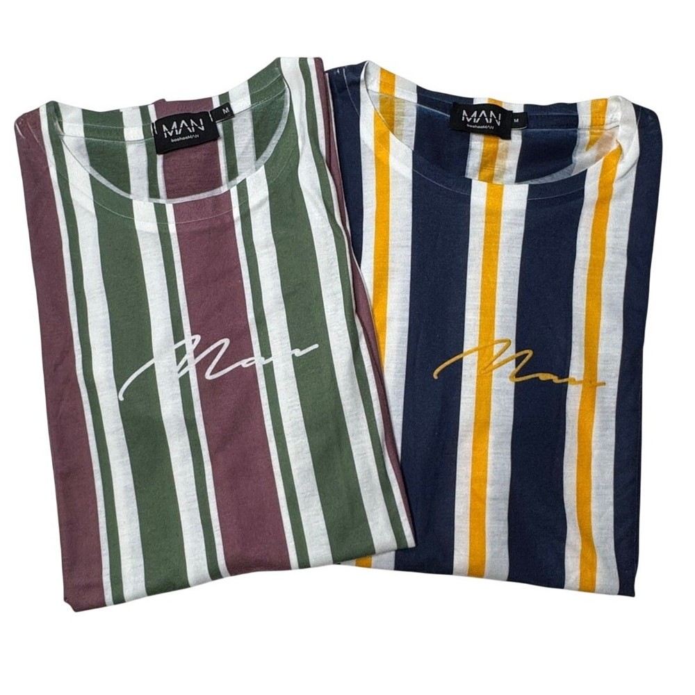 boohooMAN Mens Knit Shirt Bundle Pink Green Navy Yellow Stripe 2 Pack Medium