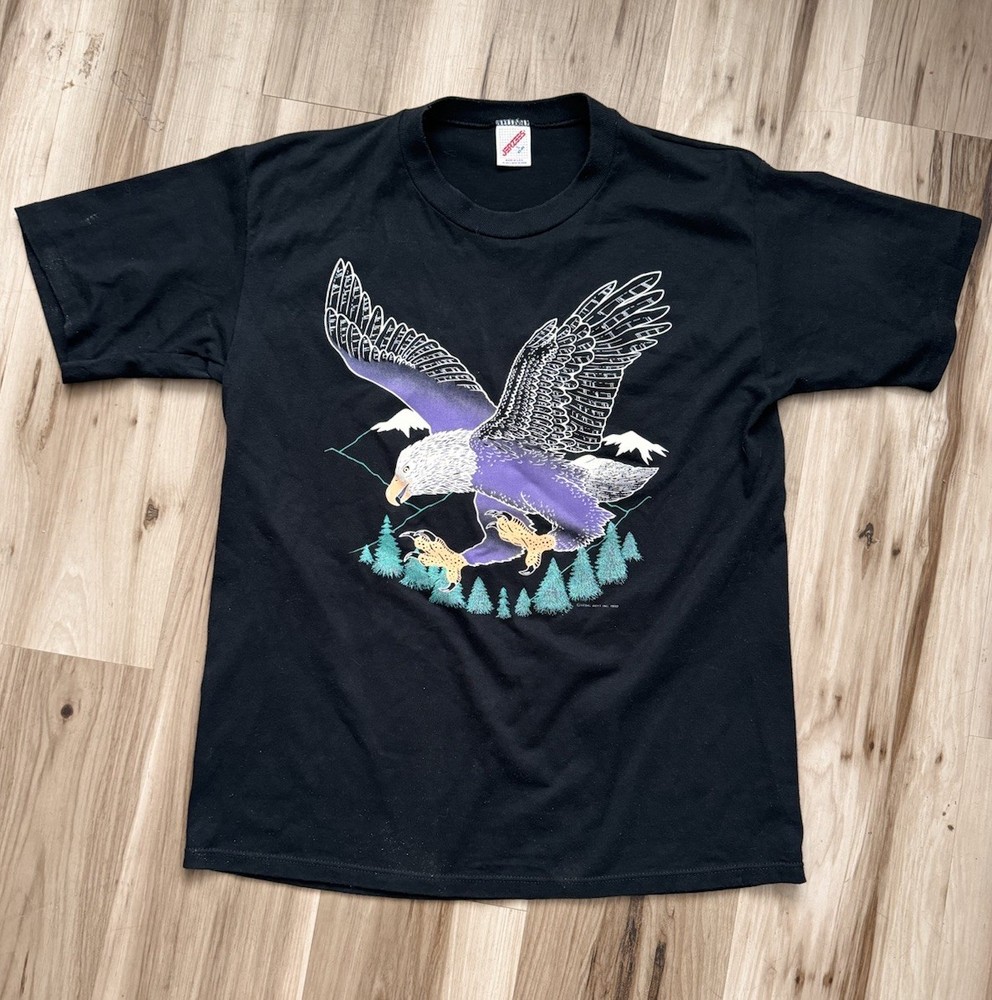 Vintage Jerzees 1990 Single Stitch T Shirt Eagle Puff Print Mens Large 42-44 USA
