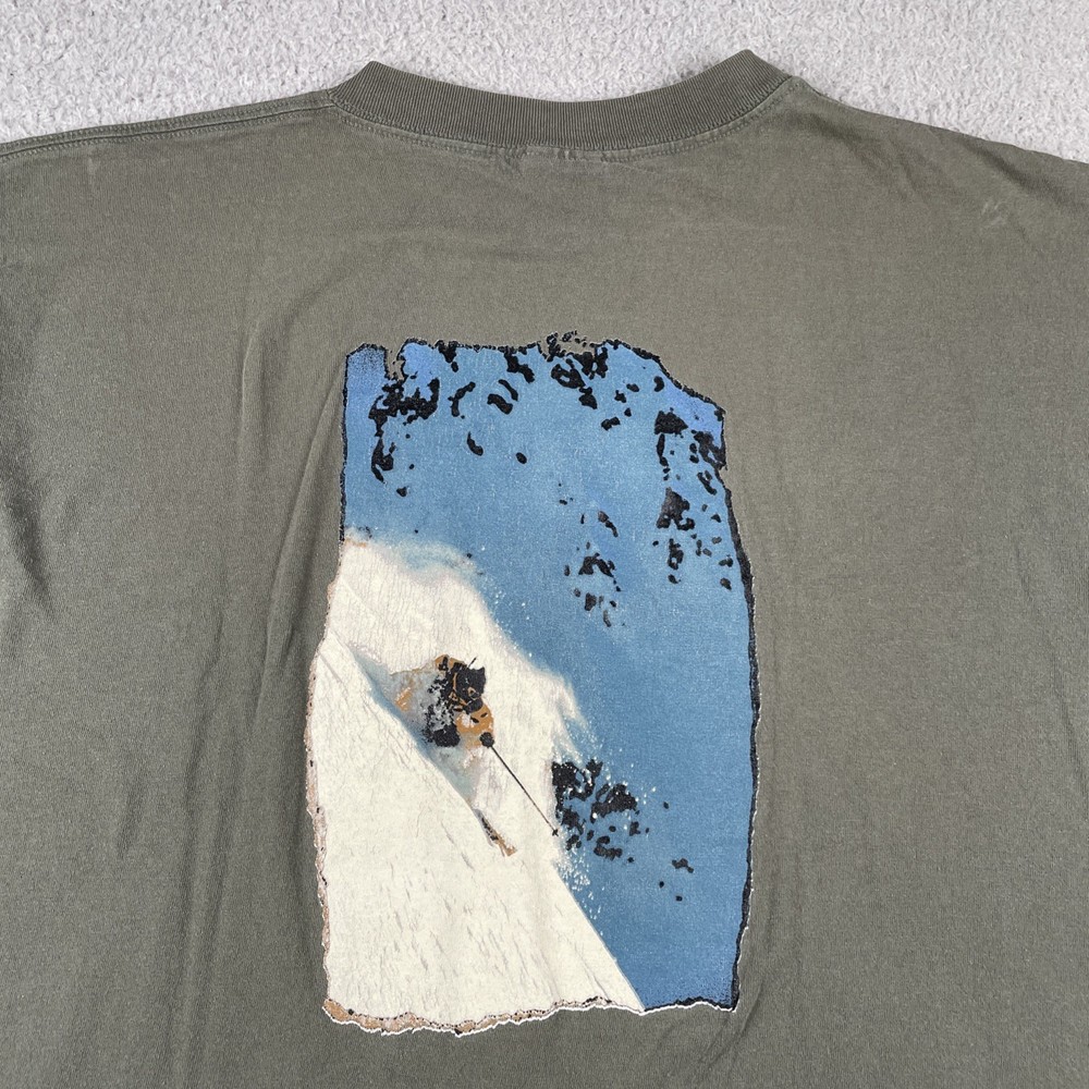 Vtg Tultex Olive Green XL Shirt Live2Play.com Skier Back Graphic Mountain Y2K