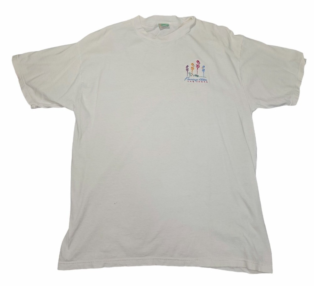 Vintage 90s Flamingo Hilton Las Vegas Embroidered T Shirt XL White Made in USA