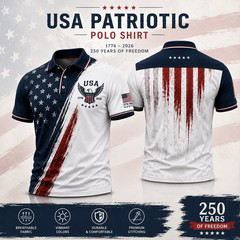 USA 250th Anniversary Golf Polo Shirt 1776-2026 American Flag Patriotic S-5XL
