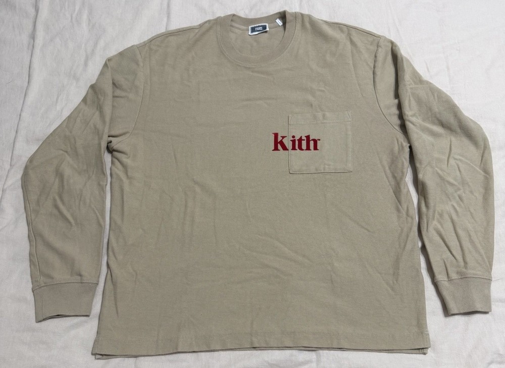 RARE KITH QUINN POCKET TEE SAND KHAKI/RED MEN’S LONG SLEEVE T-SHIRT SZ M MEDIUM