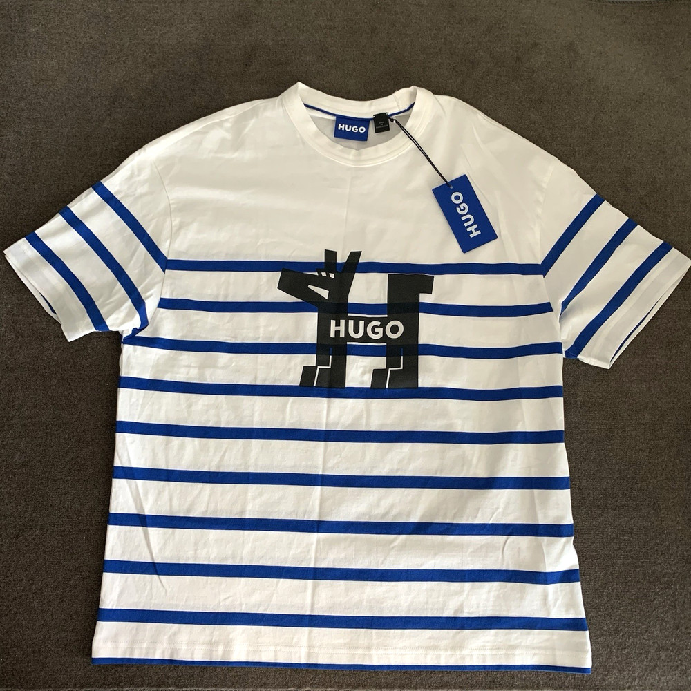 Hugo Boss T-Shirt Men’s Small Nola Stripe Crewneck Dog Graphic Print White/Blue