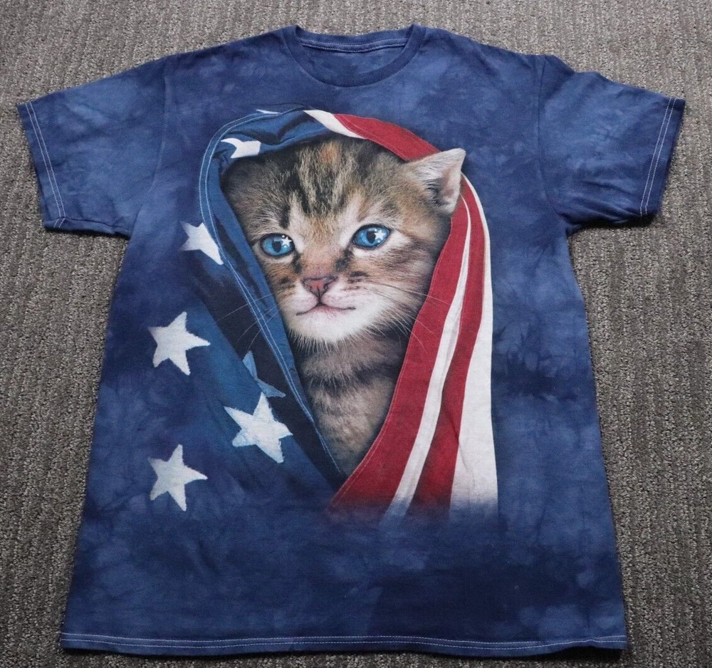 3D Tees Cat American Flag T-shirt Blue Full Size