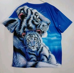 (L/XL)White Tiger With Cub Graphic Tee Blue (Unbranded) Poly Blend Fabric