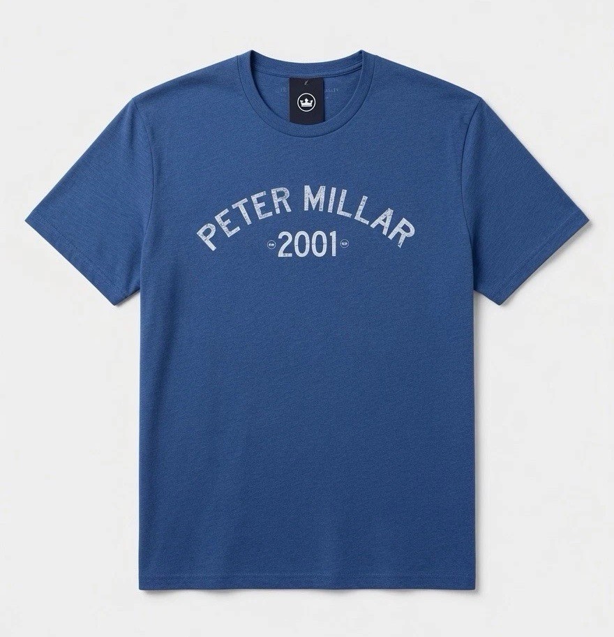 NWT PETER MILLAR Mens X-Large 2001 Tee Logo Nautilus Blue T-Shirt Cotton Blend