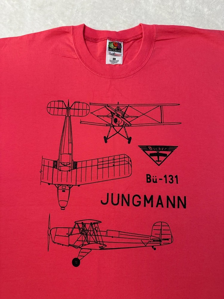Vintage 1990s 90s Bucker Bu-131 Jungman Airplane Graphic Design T-Shirt, XL NEW