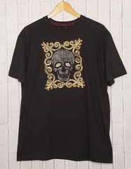 VTG 1990s 90s Y2K Edward Dada Black Leather Applique Skull Embellished Tee Shirt