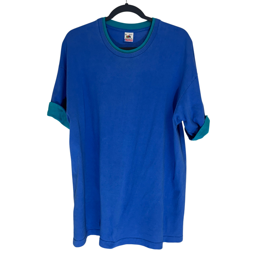 Vtg 90s Fruit of the Loom DOUBLE COLLAR T-Shirt Blue Teal XL/XXL Single Stitch