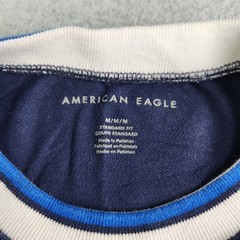 American Eagle T-Shirt Men Large Navy Blue Pique Standard Fit Spell Out Crewneck
