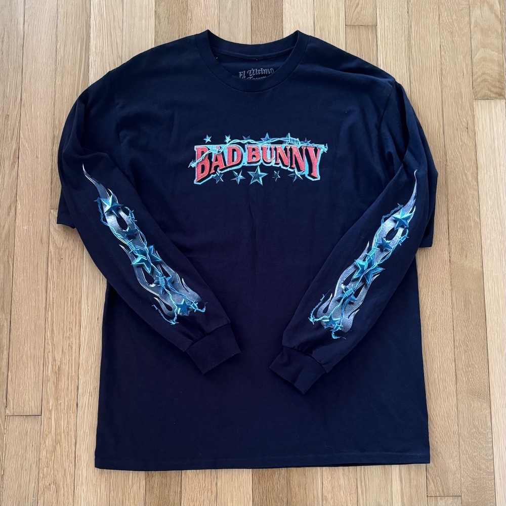 Bad Bunny El Ultimo Tour Del Mundo Shirt Mens L Concert Long Sleeve Flames