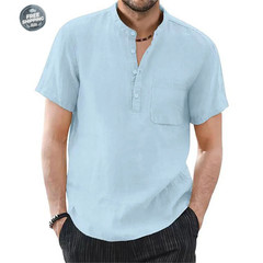 Men’s Cotton Linen Short Sleeve Casual Shirt Breathable Summer T-shirt Tee Gift