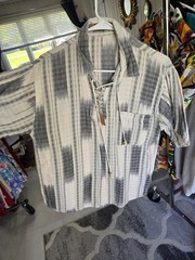 Men’s Striped Woven Lace-Up Short Sleeve T-Shirt Gray White Cotton Pocket Beads