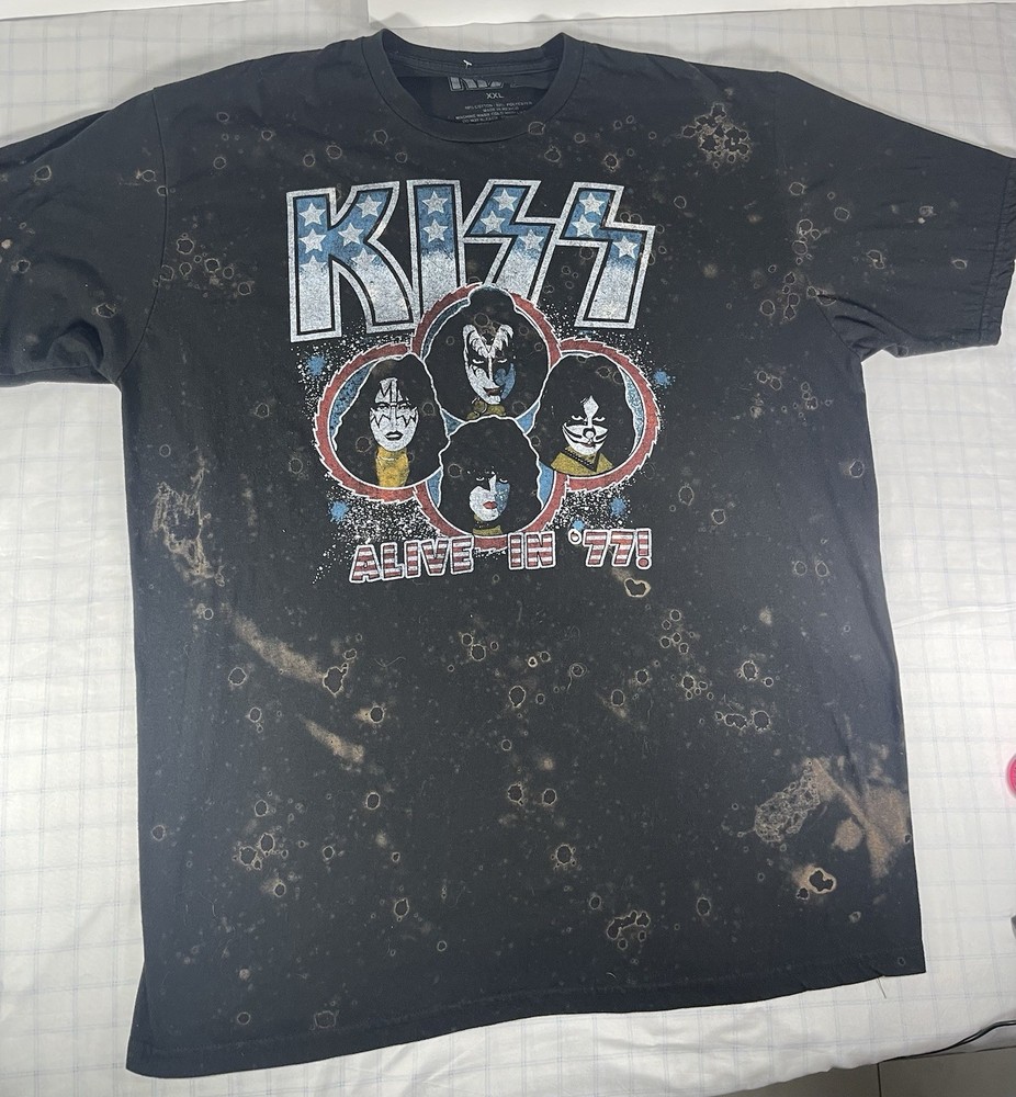 KISS Alive In ’77 T-Shirt XXL Black Bleach Wash Distressed Graphic Band Tee 2019