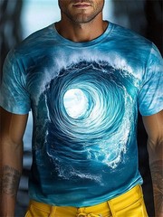 Men Summer 3D Wave Print T-Shirt Casual Short Sleeve Crew Neck Graphic Tee Shirt