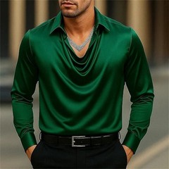 Men’s Elegant Satin Cowl Neck Blouse Long Sleeves Casual Business Dressy Shirts