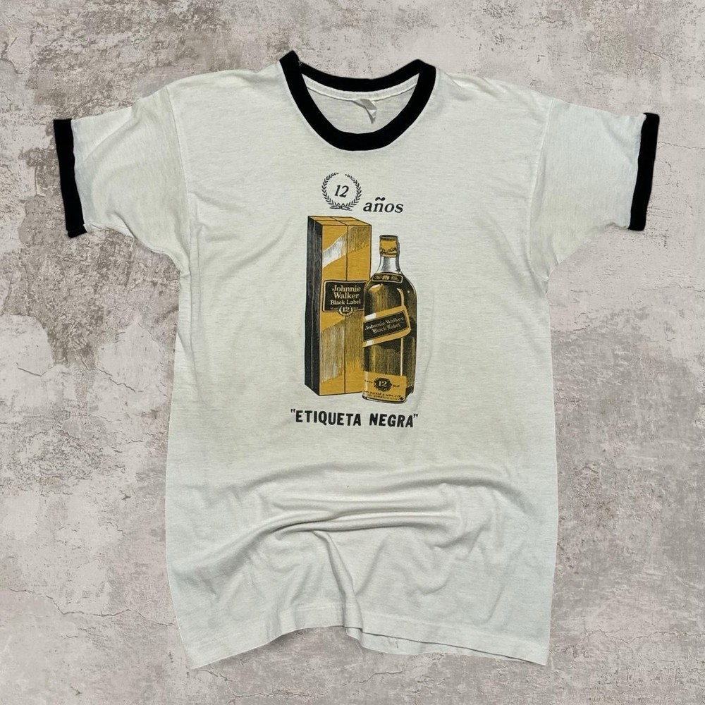 Vintage 80s Johnnie Walker Black Label ringer tee shirt size medium White