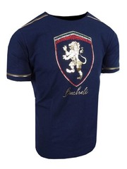Men T-Shirt Bucheli Italian Horse Sport Logo Stripe Gold Lion Slim Fit Crew Neck