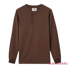 Mens Vintage Long Sleeve T-Shirt Cotton Crew Neck Button Casual Pure Color Shirt