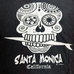 VINTAGE Santa Monica California Shirt Mens Large Black Sugar Skull Short Sleeve