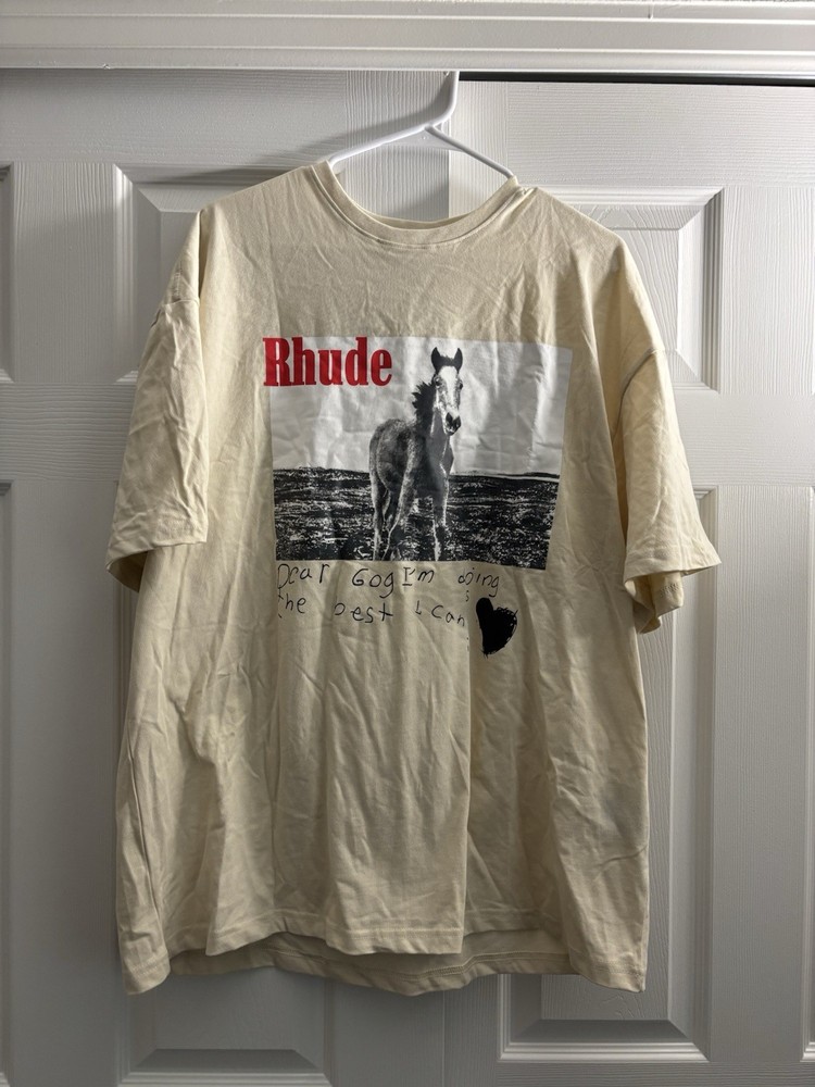 RHUDE Men’s Horse Logo Graphic Print T-Shirt Beige Knit Crew Neck Short XL