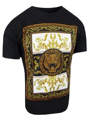 Italian T-Shirt Men Baroque Florals Shiny Stones Rhinestone Gold Tiger Crew Neck