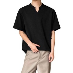 Loose Fit Men’s T-Shirt Imitation Linen V Neck Short Sleeve Summer Top