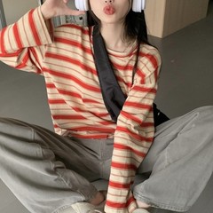 Korean Fashion Women’s Loose Striped Blouse Long Sleeve Crew Neck Streetwear