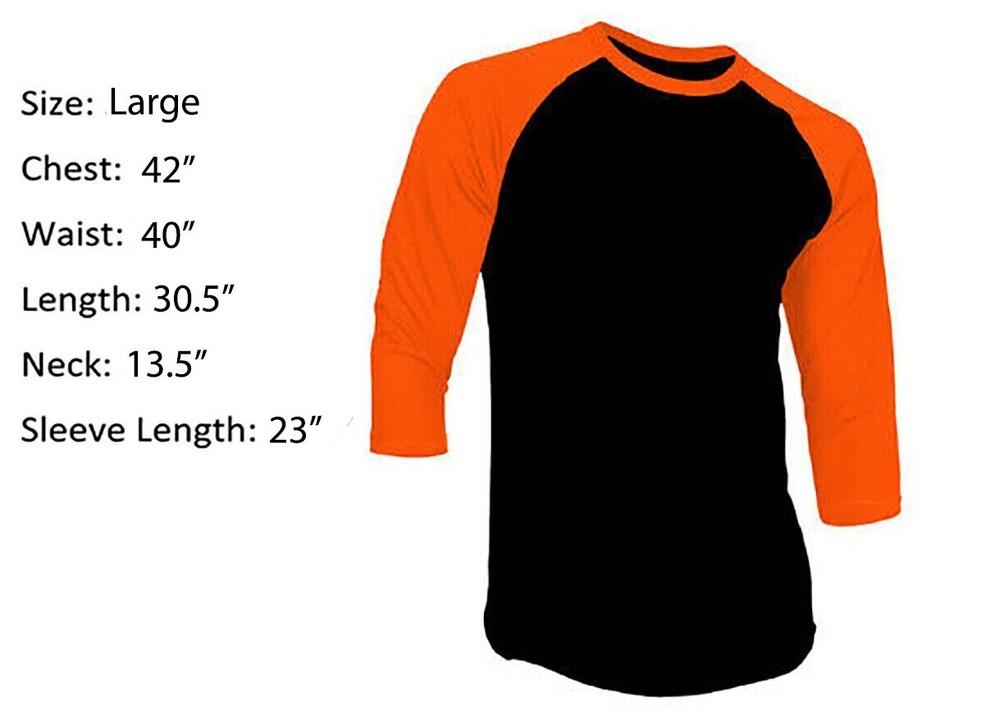3/4 Sleeve Plain T-Shirt Baseball Raglan Jersey Sports Men’s Black Orange Large