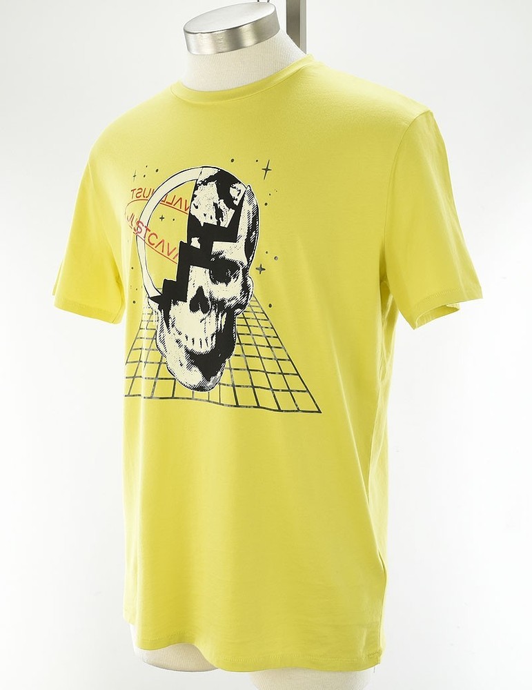 JUST CAVALLI Acid Yellow SKULL Graphic Short Sleeve Cotton T Shirt LARGE NWT