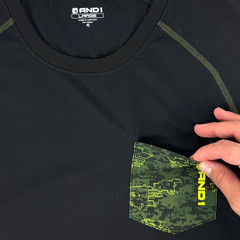 Vintage Y2K AND1 Athletic T Shirt Black 100% Polyester Green Camouflage Pocket L