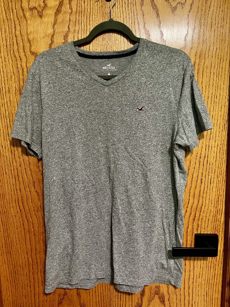 Hollister Must-Have Collection Gray Cotton Knit V-Neck Logo Men’s T-Shirt Size M