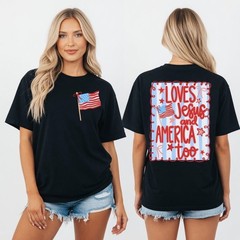 Loves Jesus and America Too Patriotic Coquette Bow 4th of July T-Shirt