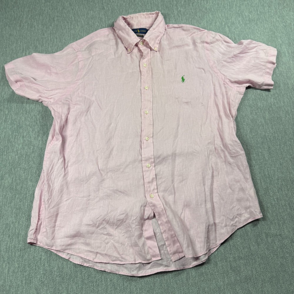 Ralph Lauren Shirt Mens XL Pink Ocean Wash Linen Short Sleeve Button Down Casual