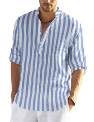 Men’s Cotton Hemp Long Sleeve Casual Beach Henley Shirt(Blue White Striped,L)