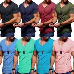 Mens Slim Fit Muscle T Shirt Tops Summer Casual V Neck Short Sleeve Blouse Tee