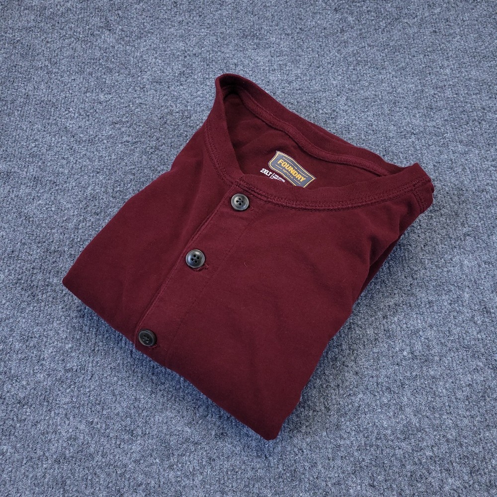 Foundry Henley T Shirt Mens 2XLT Burgandy Heavyweight 3 Button Cotton Round Neck