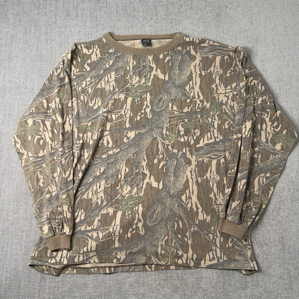 Vintage 80s ACE Sportswear Leaf Camo Camouflage Long Sleeve Pocket T-shirt 2XL