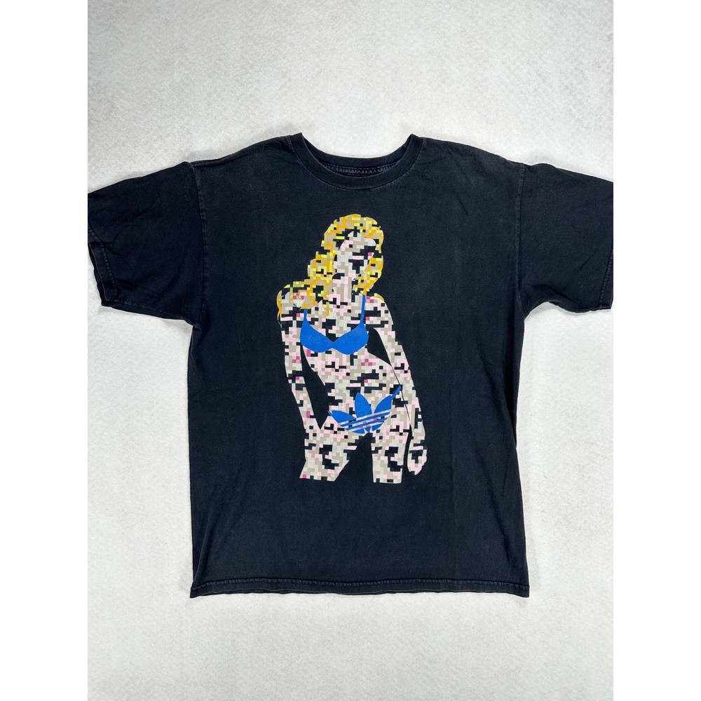 Adidas Mens Graphic T-Shirt Black Pixelated Bikini Woman Trefoil Logo Size M