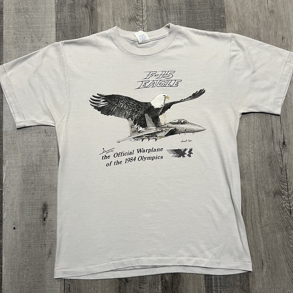 VTG 1984 Olympics F-15 Eagle Fighter Jet Grey Official Warplane 80s T Shirt Sz L